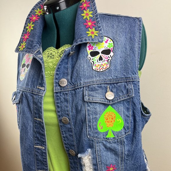 Distressed Denim Vest - One of A Kind - Customized with Day of the Dead Skulls - Picture 2 of 13